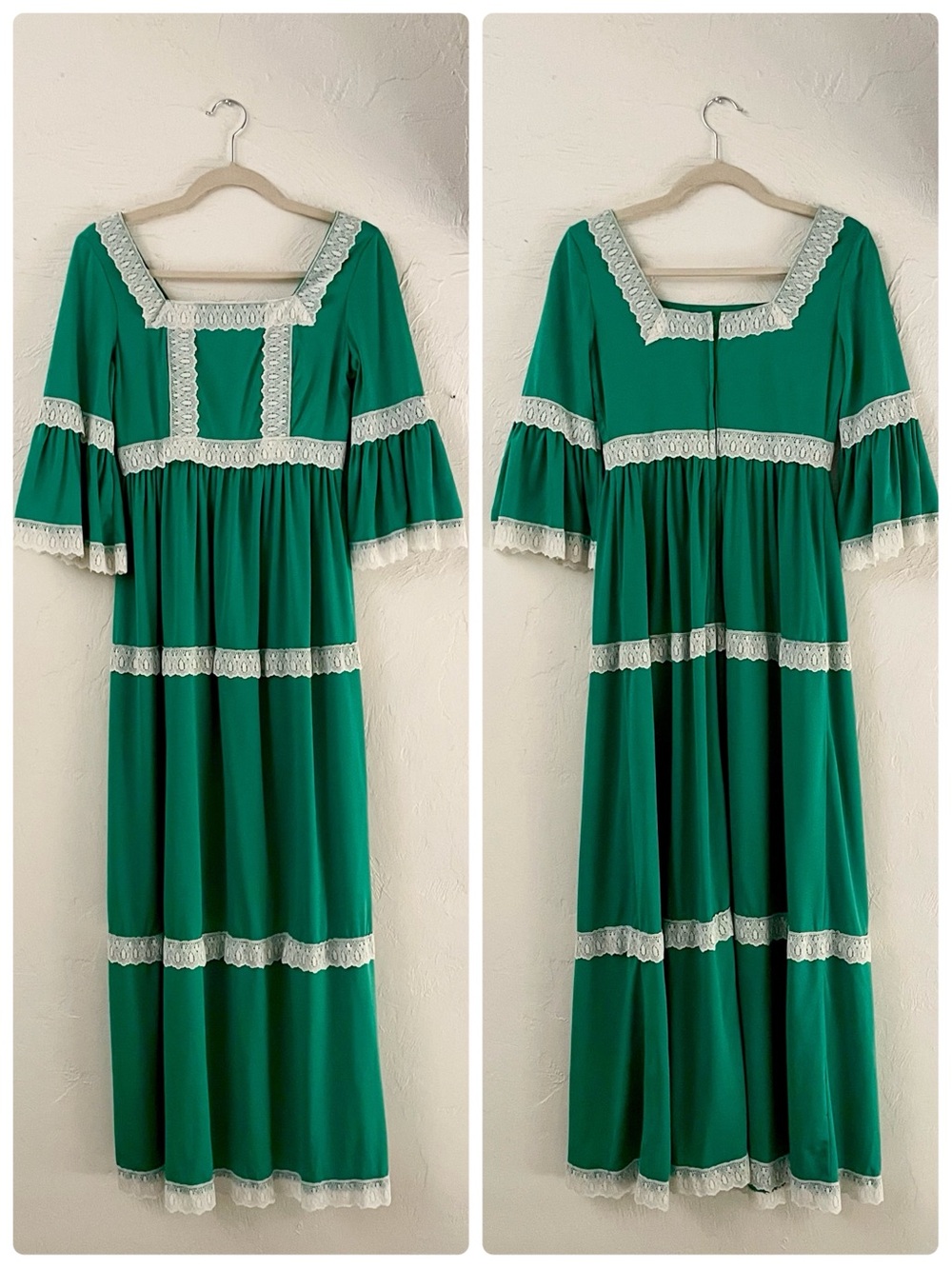Vintage Handmade Kelly Green Maxi Tiered Prairie Lace Trim 3/4 Bell Sleeve Dress
